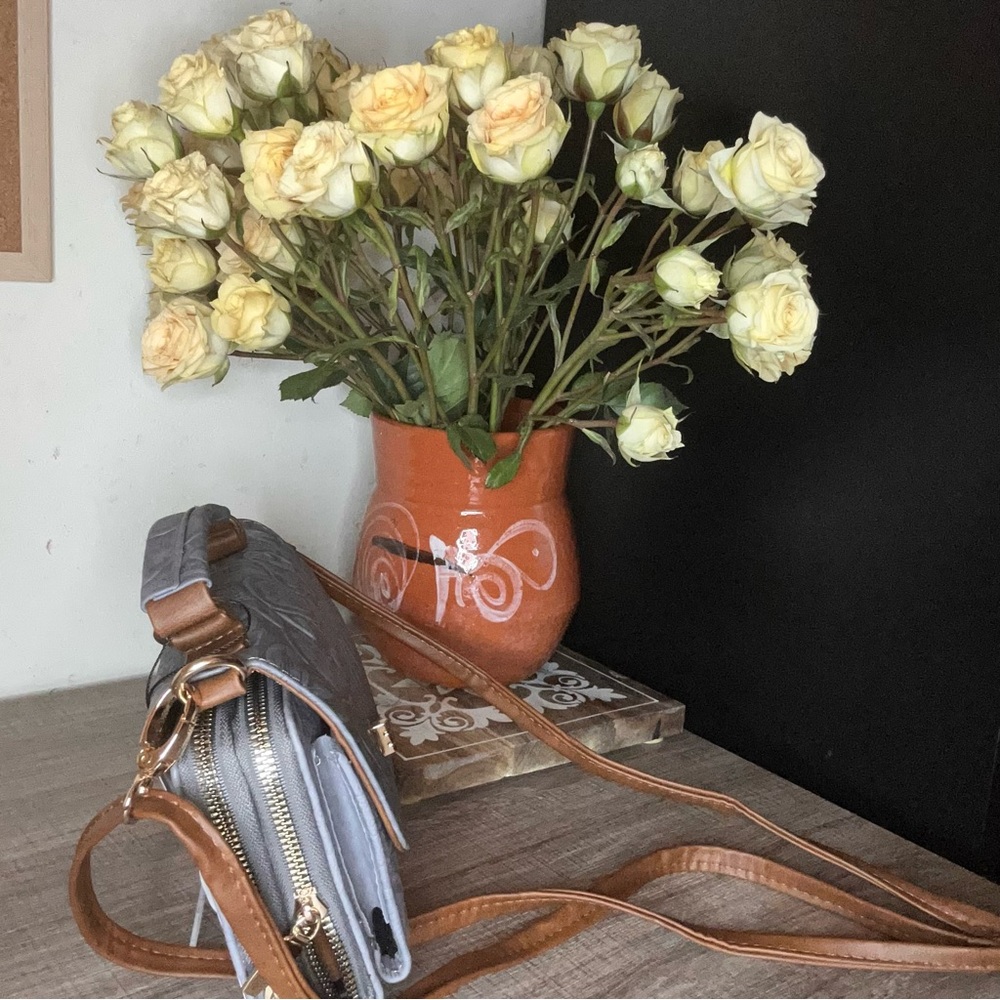 Cielo Embossed Floral Satchel in Gray with Gold Hardware - Picture 4 of 4
